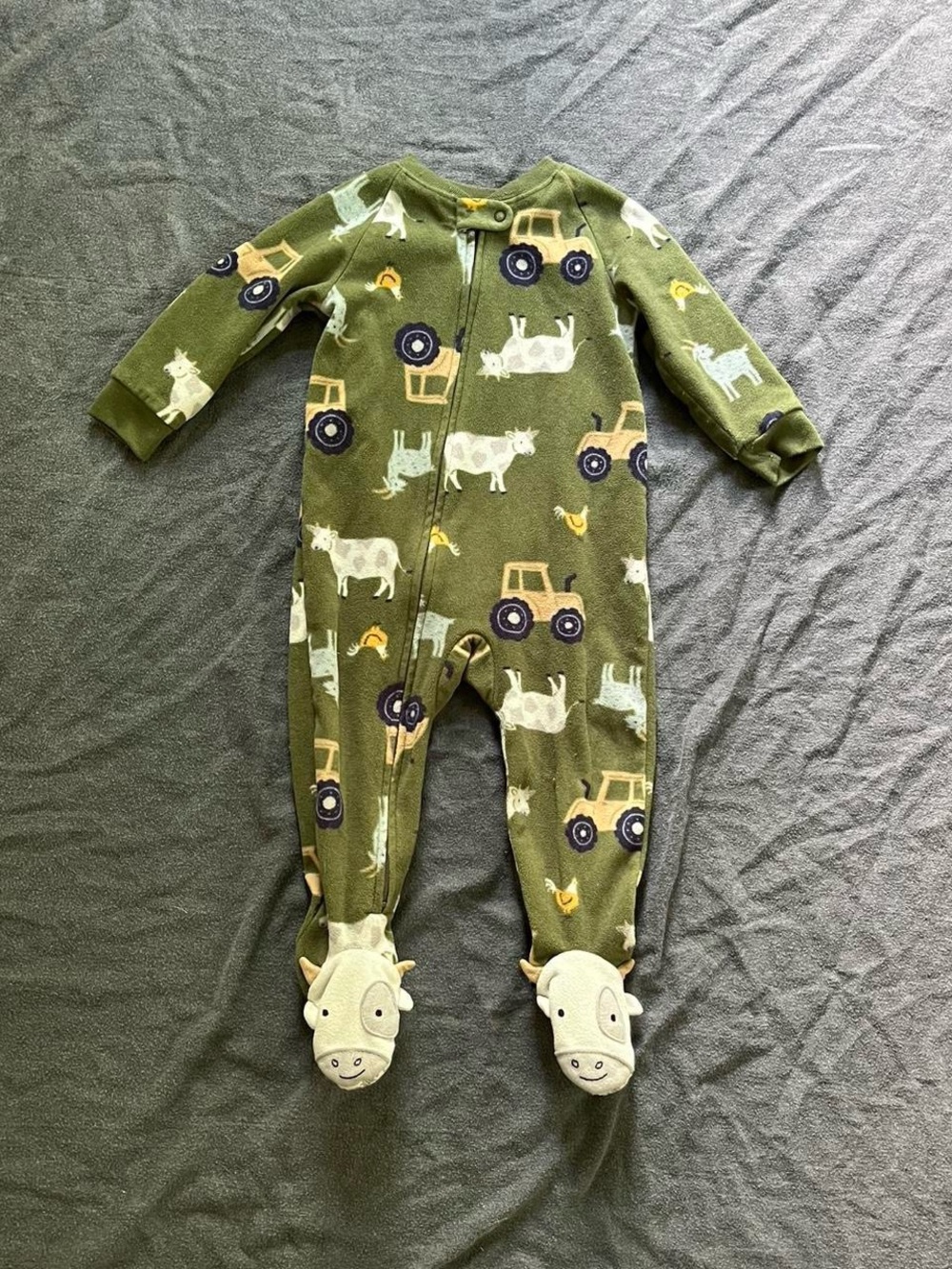 Carter's green farm animal fleece footed long sleeve onesie